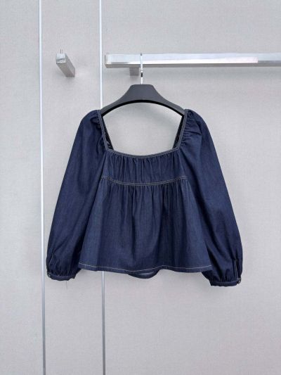Saint Laurent Puff Sleeve Denim Top in Navy