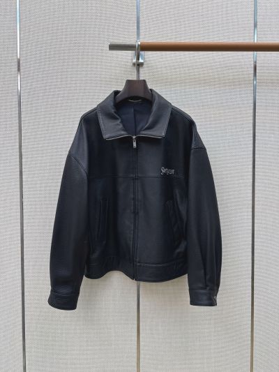 Saint Laurent Turn-Down Collar Lambskin Jacket in Navy