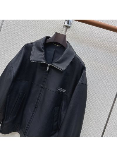 Saint Laurent Turn-Down Collar Lambskin Jacket in Navy