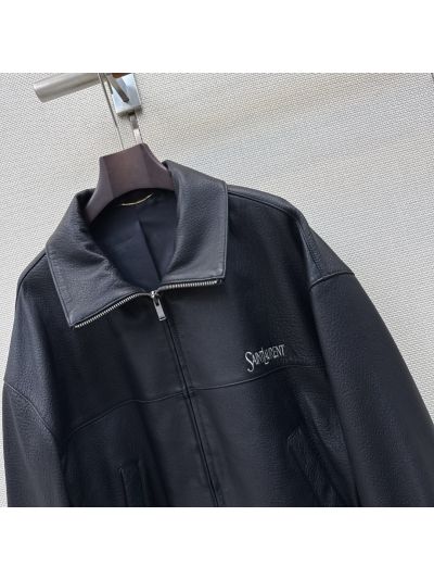 Saint Laurent Turn-Down Collar Lambskin Jacket in Navy