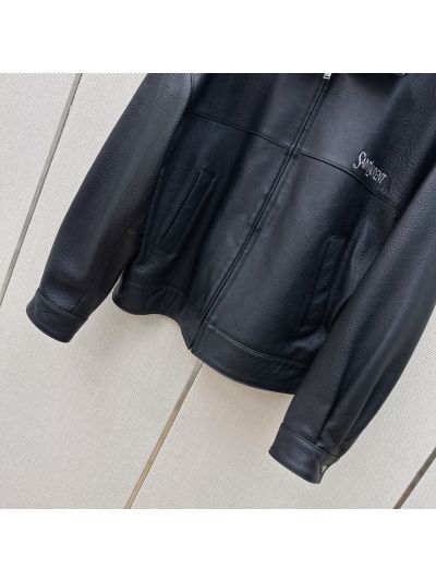 Saint Laurent Turn-Down Collar Lambskin Jacket in Navy