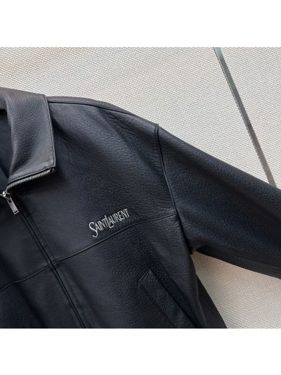 Saint Laurent Turn-Down Collar Lambskin Jacket in Navy