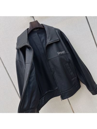 Saint Laurent Turn-Down Collar Lambskin Jacket in Navy