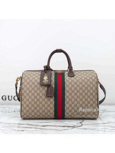 Gucci Savoy Medium Duffle Bag 834460 in Beige/Brown and Dark Brown with Green-Red Web