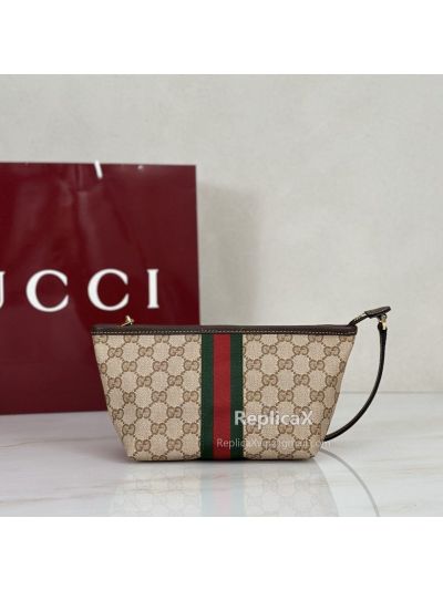 Gucci Small Pouch with Strap and Web 876055 in Beige and ebonyGGprint with Brown Leather and Green-Red Web