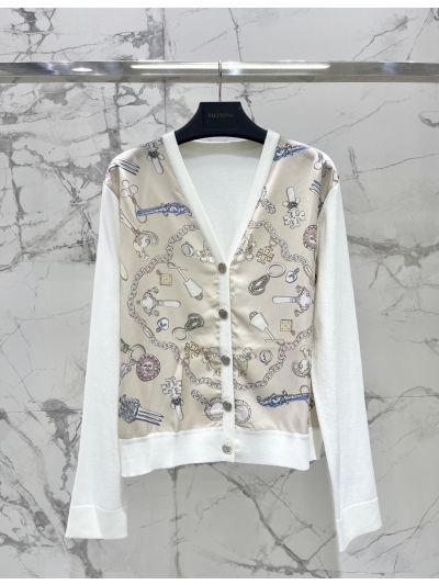 Thom Browne Button-Front Contrast-Trim Cardigan in Beige and White