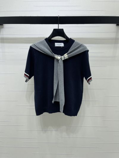 Thom Browne Crew Neck Short Sleeve Knit Top in Navy and Grey