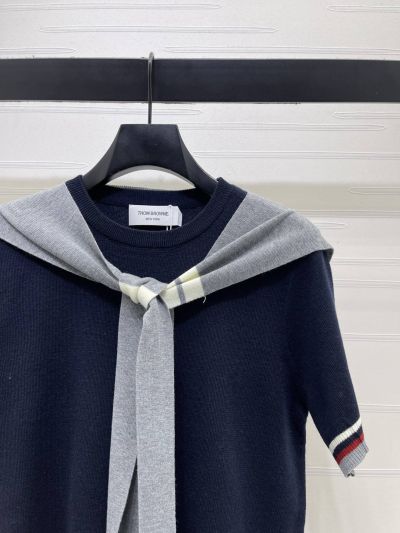 Thom Browne Crew Neck Short Sleeve Knit Top in Navy and Grey