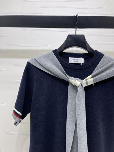 Thom Browne Crew Neck Short Sleeve Knit Top in Navy and Grey