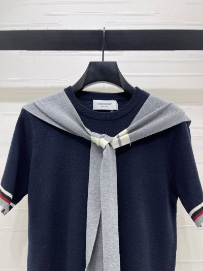 Thom Browne Crew Neck Short Sleeve Knit Top in Navy and Grey