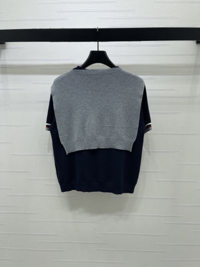 Thom Browne Crew Neck Short Sleeve Knit Top in Navy and Grey