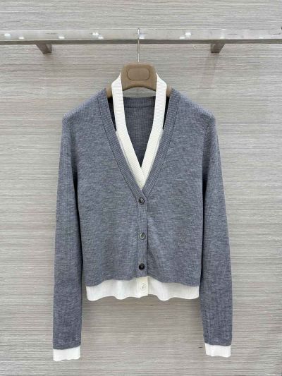 Thom Browne V-Neck Button-Front Cardigan in Grey and White