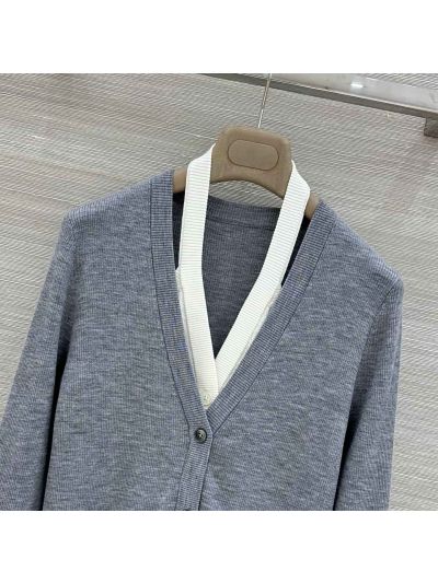 Thom Browne V-Neck Button-Front Cardigan in Grey and White
