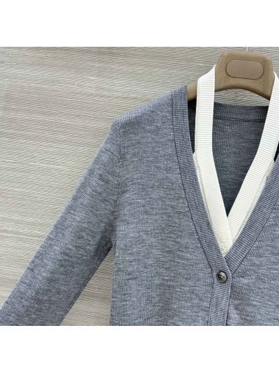 Thom Browne V-Neck Button-Front Cardigan in Grey and White