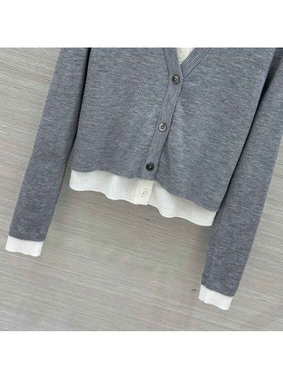 Thom Browne V-Neck Button-Front Cardigan in Grey and White