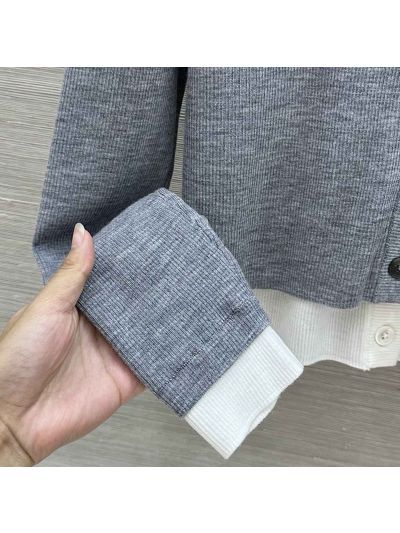 Thom Browne V-Neck Button-Front Cardigan in Grey and White