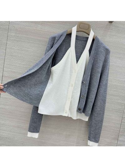 Thom Browne V-Neck Button-Front Cardigan in Grey and White