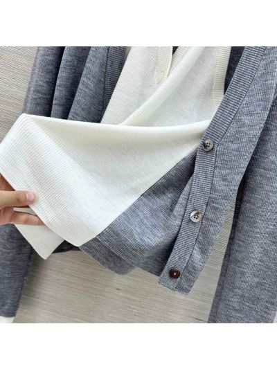 Thom Browne V-Neck Button-Front Cardigan in Grey and White