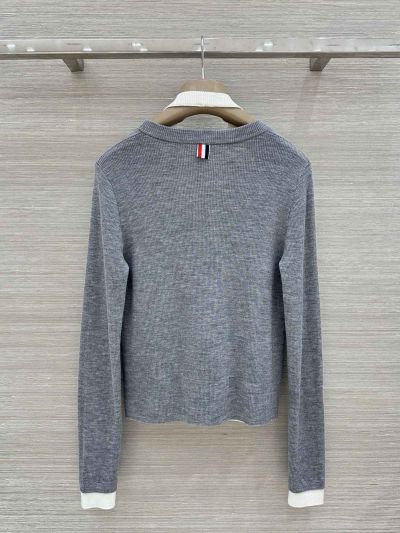 Thom Browne V-Neck Button-Front Cardigan in Grey and White