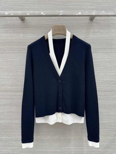 Thom Browne V-Neck Button-Front Cardigan in Navy and White
