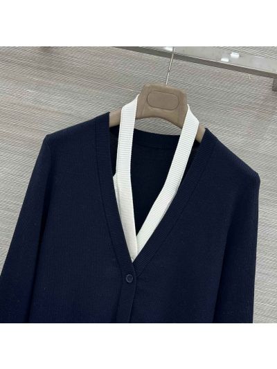 Thom Browne V-Neck Button-Front Cardigan in Navy and White