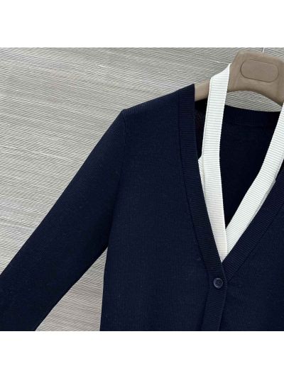 Thom Browne V-Neck Button-Front Cardigan in Navy and White