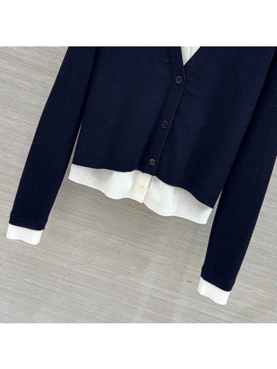 Thom Browne V-Neck Button-Front Cardigan in Navy and White