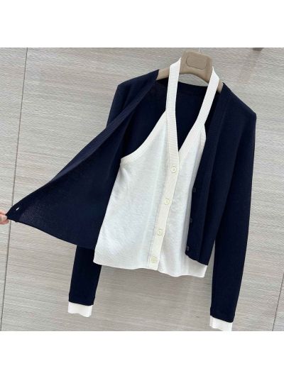 Thom Browne V-Neck Button-Front Cardigan in Navy and White
