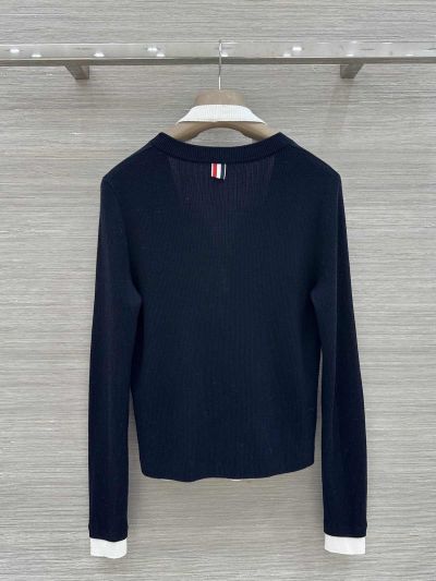 Thom Browne V-Neck Button-Front Cardigan in Navy and White
