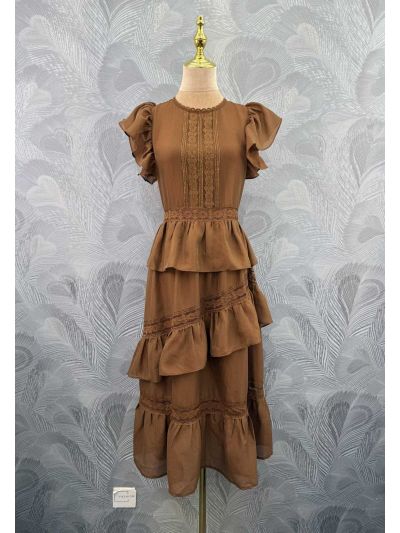 Valentino Crew Neck Balloon Sleeve Dress in Brown