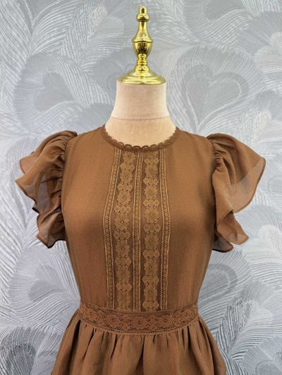 Valentino Crew Neck Balloon Sleeve Dress in Brown