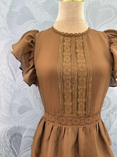 Valentino Crew Neck Balloon Sleeve Dress in Brown