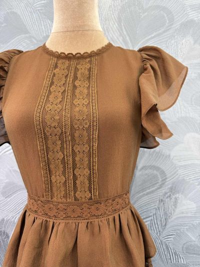 Valentino Crew Neck Balloon Sleeve Dress in Brown