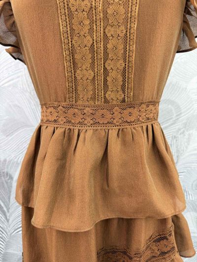 Valentino Crew Neck Balloon Sleeve Dress in Brown