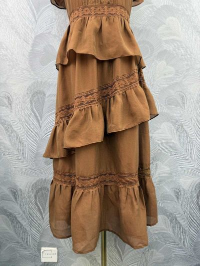 Valentino Crew Neck Balloon Sleeve Dress in Brown