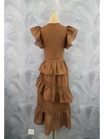 Valentino Crew Neck Balloon Sleeve Dress in Brown