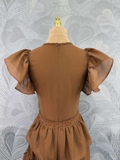 Valentino Crew Neck Balloon Sleeve Dress in Brown
