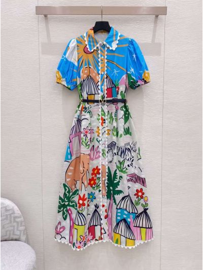 Valentino Turn-Down Collar Short Sleeve Dress in Multicolor
