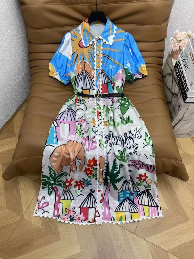Valentino Turn-Down Collar Short Sleeve Dress in Multicolor