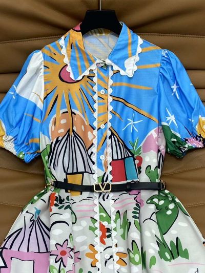 Valentino Turn-Down Collar Short Sleeve Dress in Multicolor
