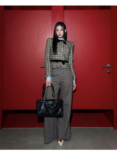 Valentino Tweed Belted Blazer in Beige and Black