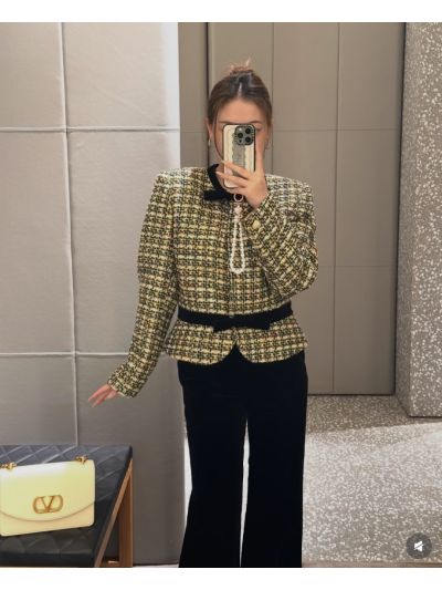 Valentino Tweed Belted Blazer in Beige and Black