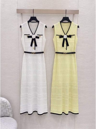 Valentino V-Neck Openwork Dress in White and Yellow