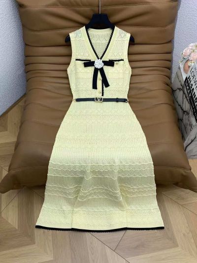 Valentino V-Neck Openwork Dress in White and Yellow