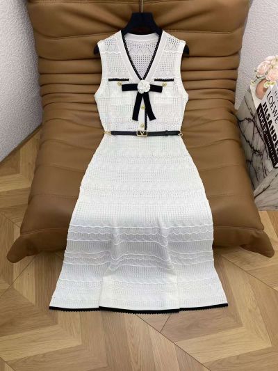 Valentino V-Neck Openwork Dress in White and Yellow