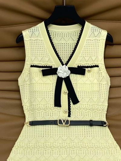Valentino V-Neck Openwork Dress in White and Yellow