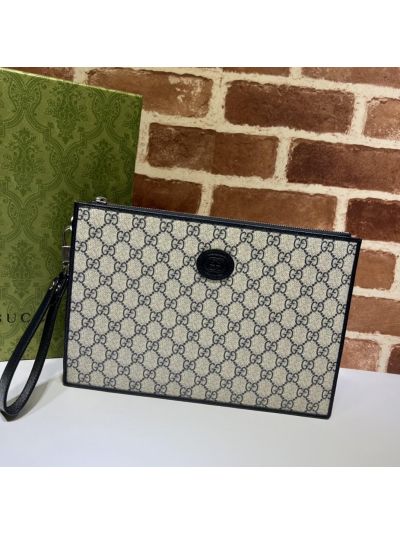 Gucci Zip Wristlet Pouch 672953 in Beige and Blue GG Supreme Canvas