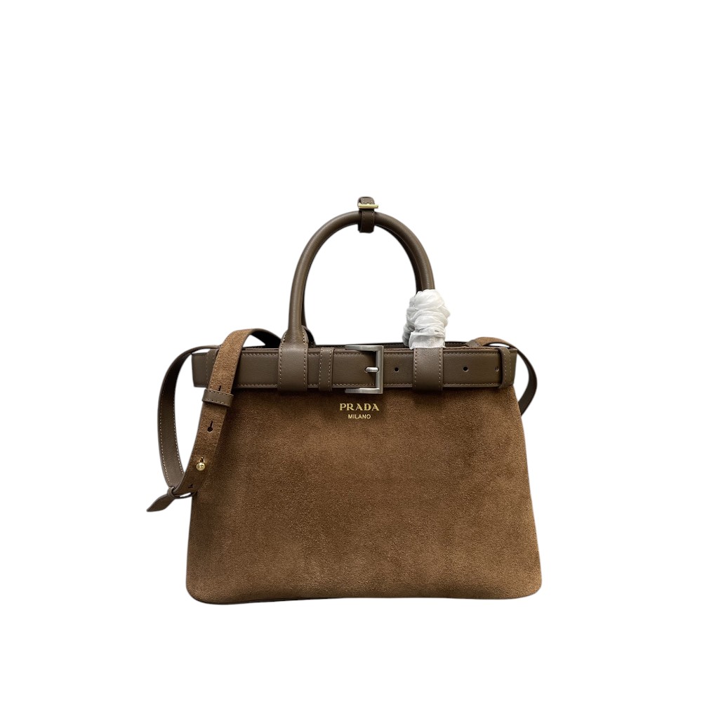 Structured brown Prada suede tote with buckle straps
